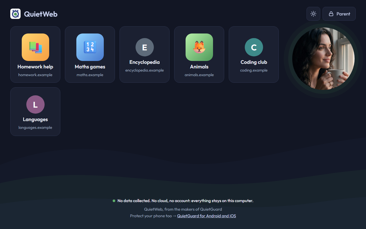 QuietWeb start page in dark mode