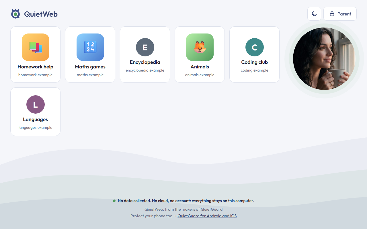 QuietWeb start page with big tiles for each saved website