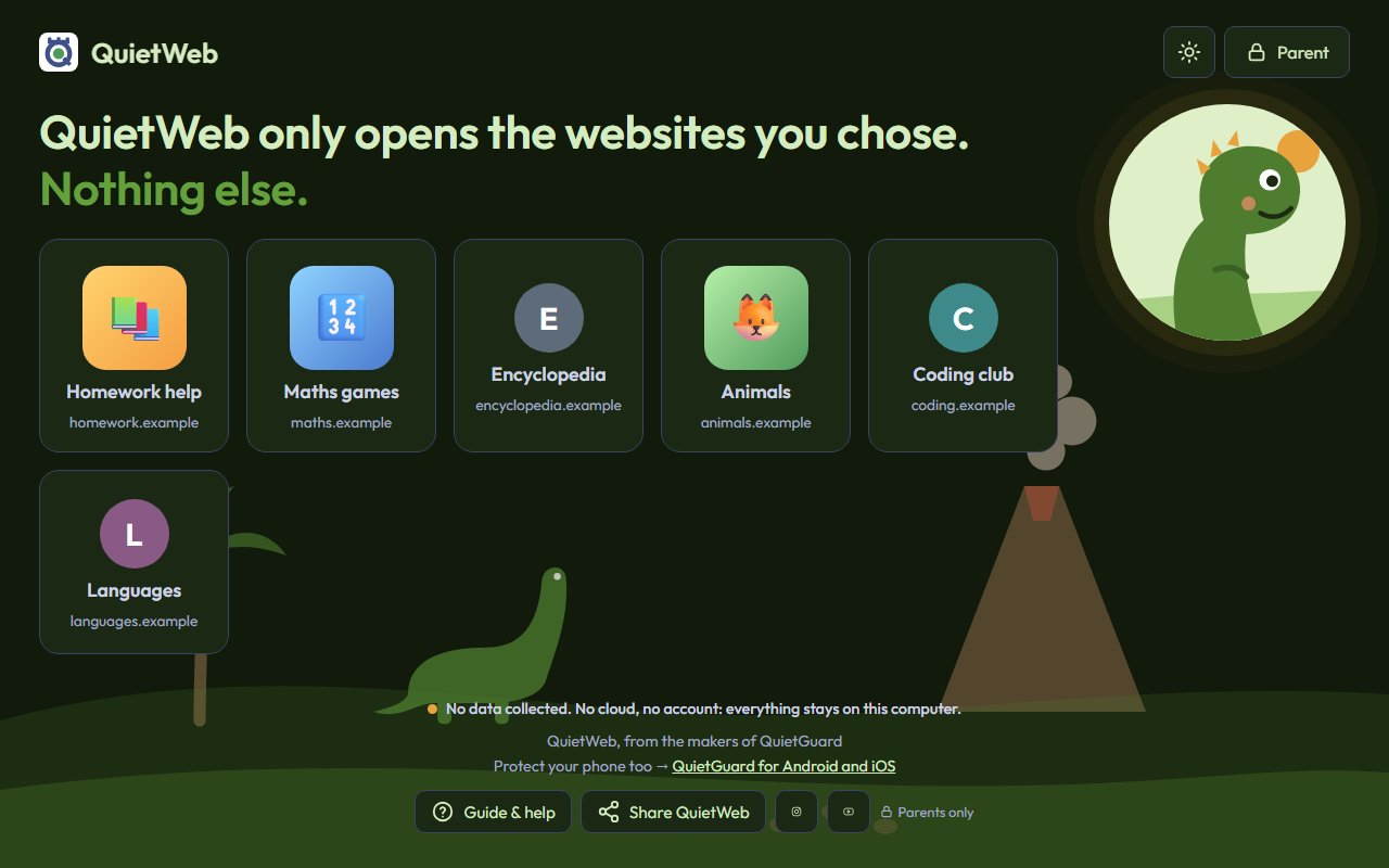 QuietWeb-Startseite im Stil „Dinosaurier“, dunkler Modus