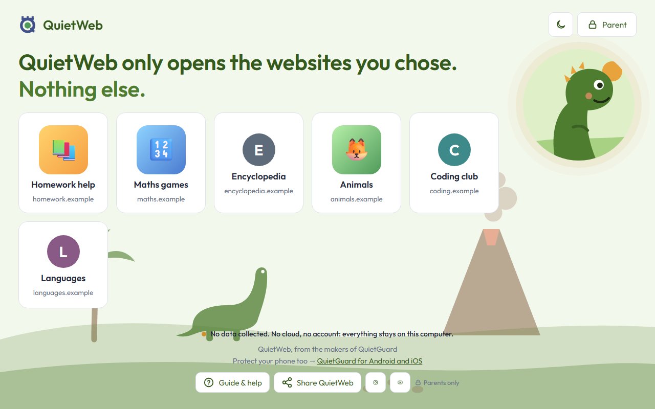 QuietWeb-Startseite im Kinder-Stil „Dinosaurier“