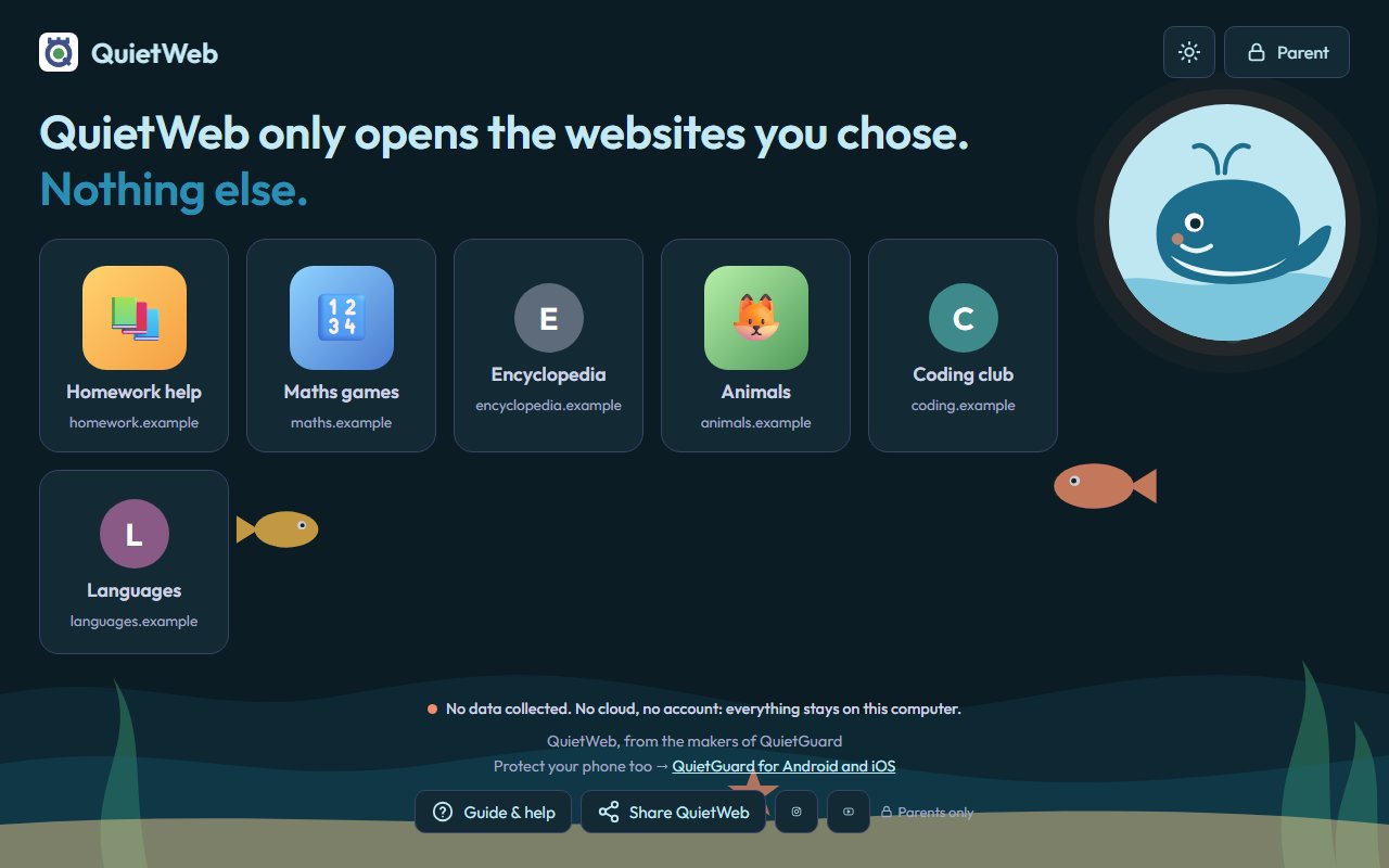 QuietWeb-Startseite im Stil „Meeresfreunde“, dunkler Modus