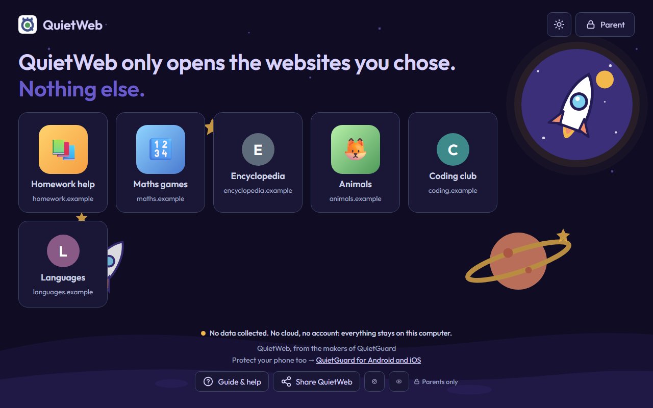 QuietWeb-Startseite im Stil „Weltall“, dunkler Modus