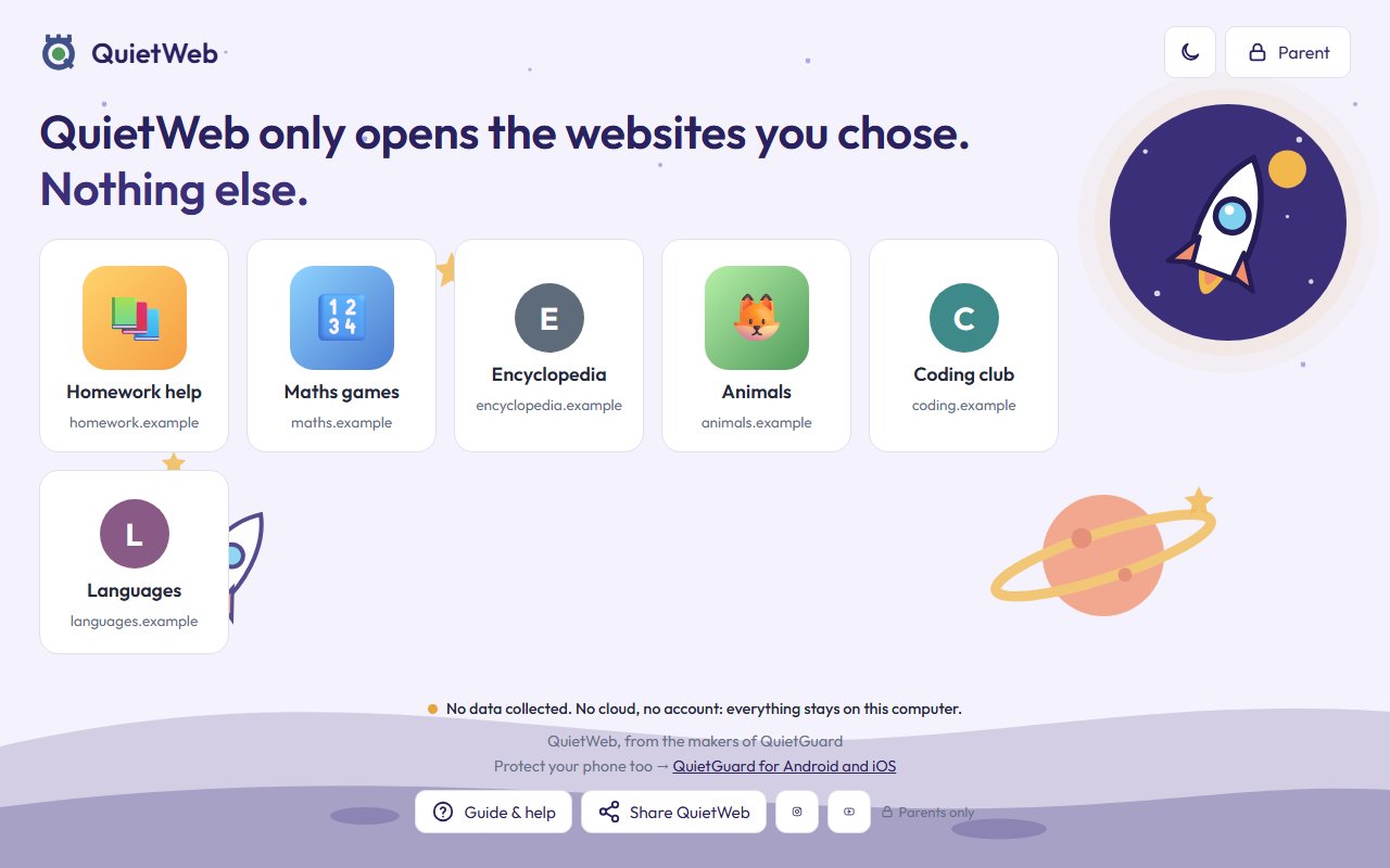 QuietWeb-Startseite im Kinder-Stil „Weltall“